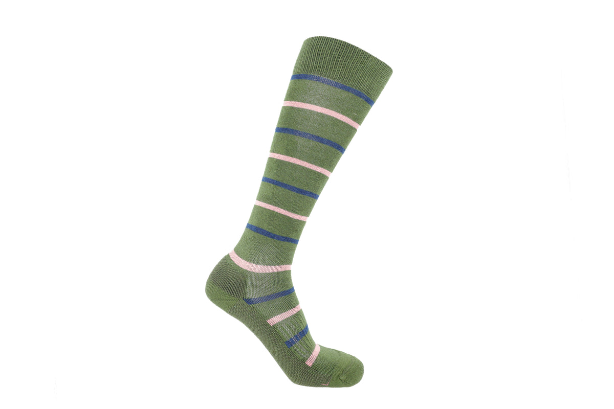 A green knee-high sock with horizontal stripes in navy blue and light pink, displayed on a white background.