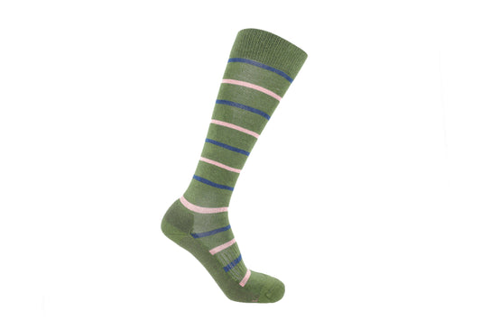 A green knee-high sock with horizontal stripes in navy blue and light pink, displayed on a white background.