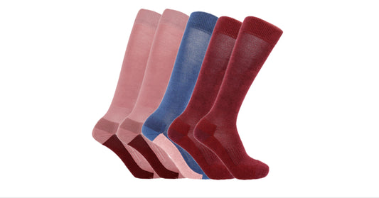 Five Soleberie Classic Long Socks  in pink, navy and burgundy, arranged in a fan shape against a plain white background.