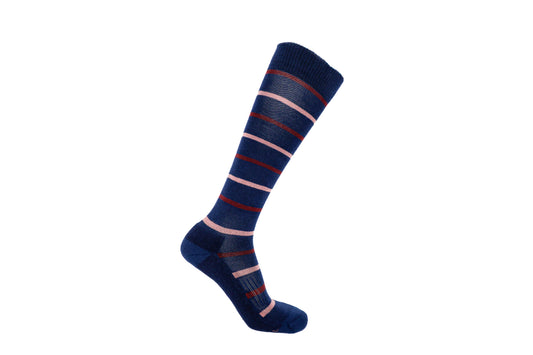 A single long Soleberie Navy Striped sock with horizontal stripes in navy blue, burgundy red, and light pink, shown on a white background.