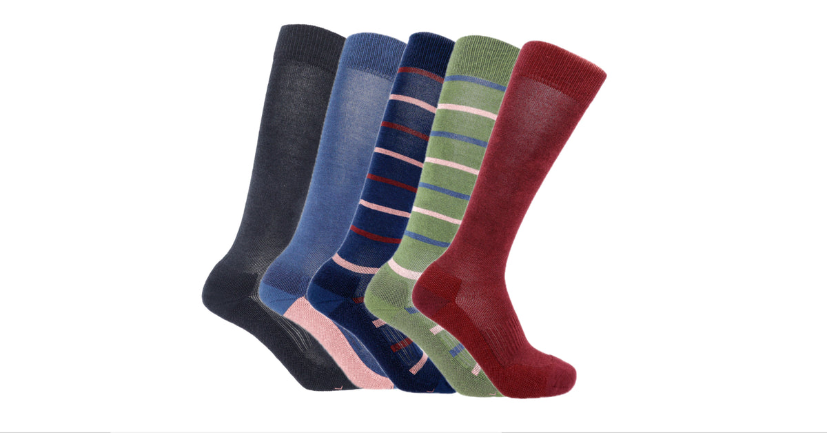 5 Soleberie Classic Long Socks in black, navy, navy stripe, green stripe and burgundy.